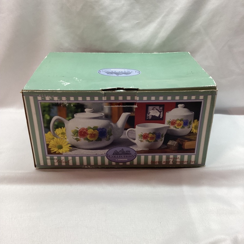 Corning Summer Blush Teapot Sugar Creamer Set Floral Pansy NIB Sealed Cottage